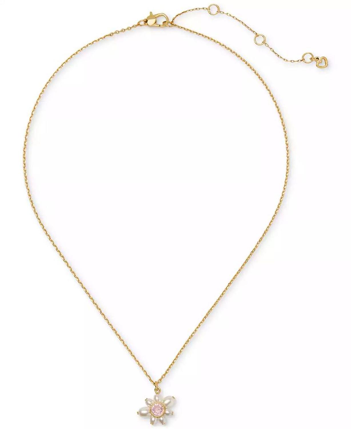 Gold-Tone Cubic Zirconia & Imitation Pearl Flower Pendant Necklace, 16" + 3" extender