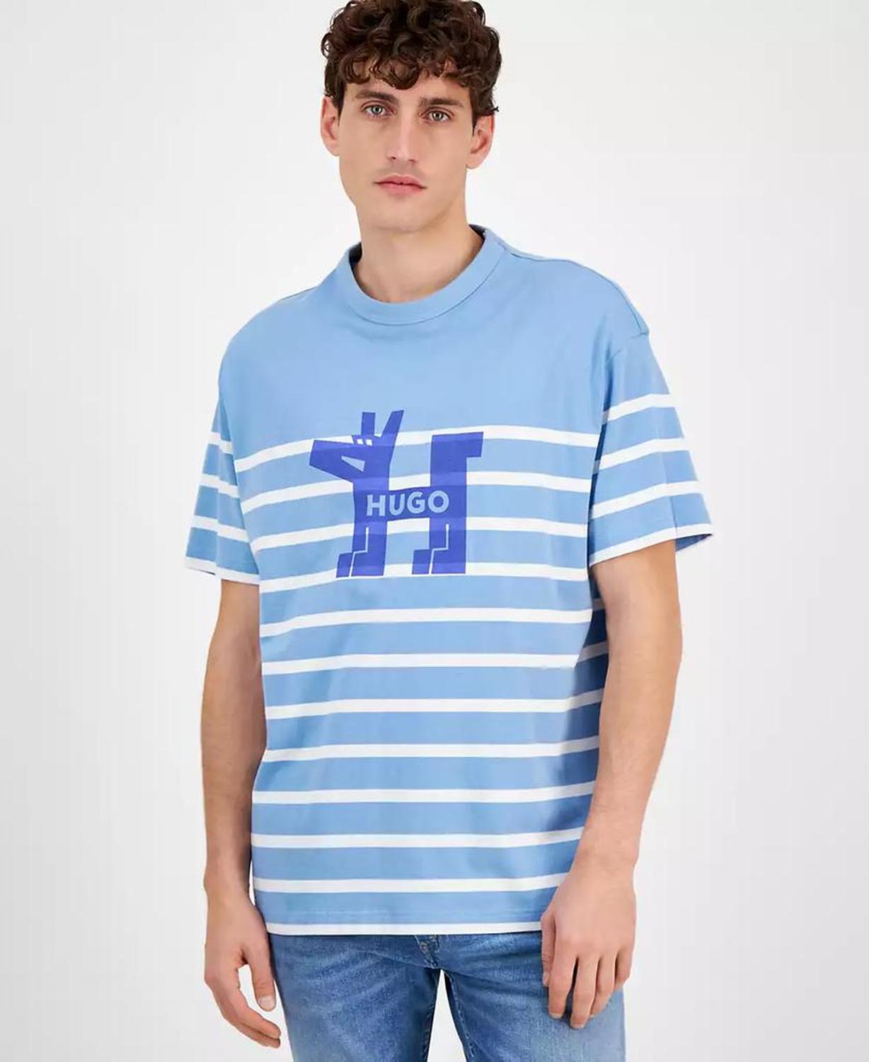 Men's Relaxed Fit Short Sleeve Striped Crewneck Logo T-Shirt