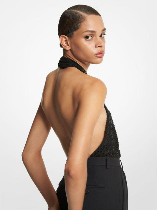 Hand-Embroidered Crystal Stretch Jersey Bodysuit