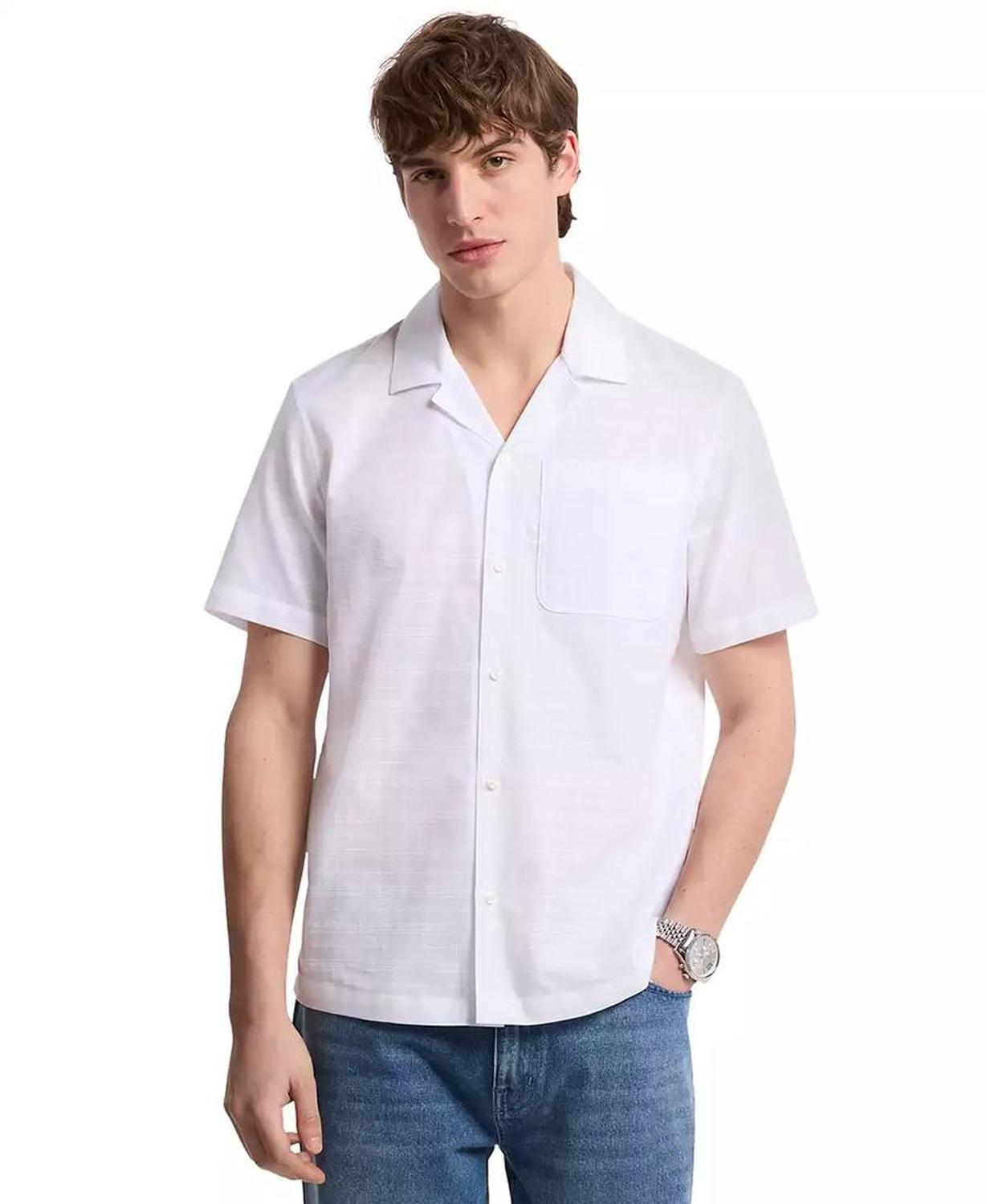 Men's Relaxed Fit Voile Dobby Short Sleeve Check Button-Front Camp Shirt