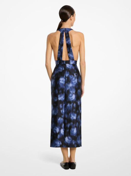 Floral Chiné Silk and Wool Shantung Halter Dress