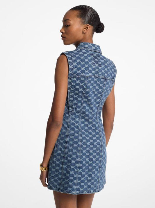 Logo Jacquard Stretch Denim Sleeveless Shirtdress