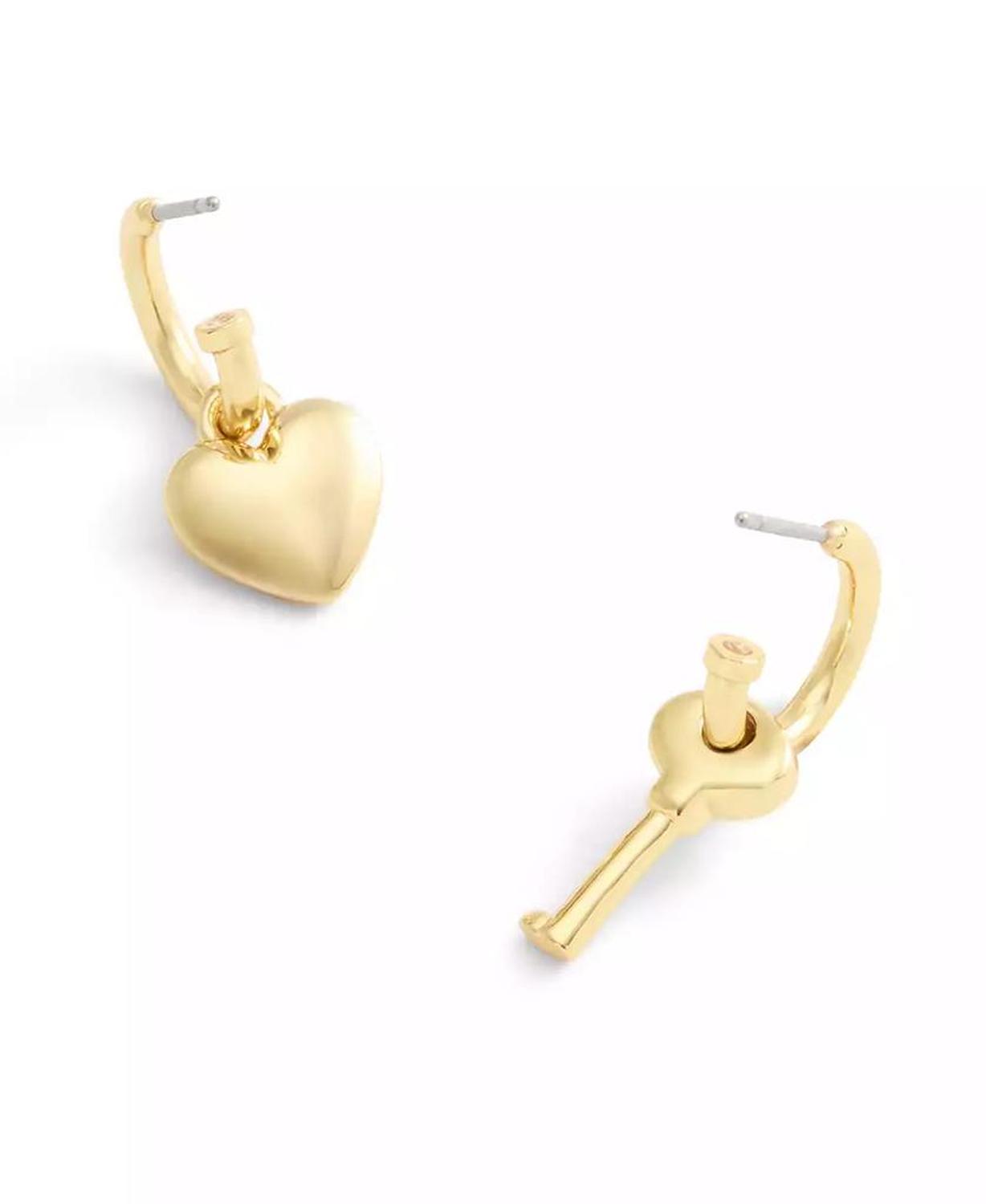 Gold Tone Heart and Key Mismatch Charm Huggie Earrings