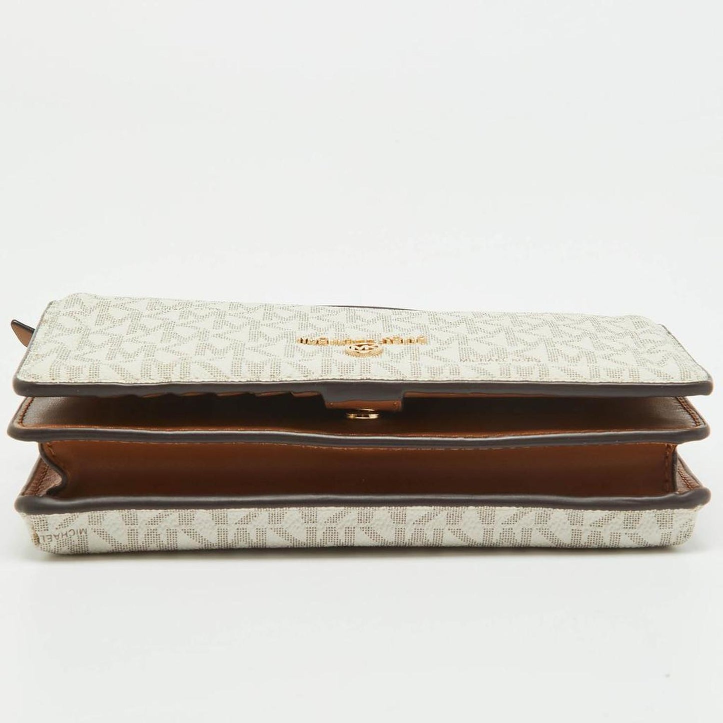 Michael Kors Brown /white Signature Coated Canvas And Leather Phone Wallet Bag