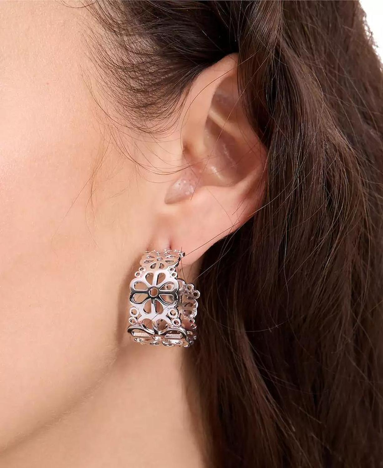Small Spade Flower Lace Hoop Earrings, 1.05"