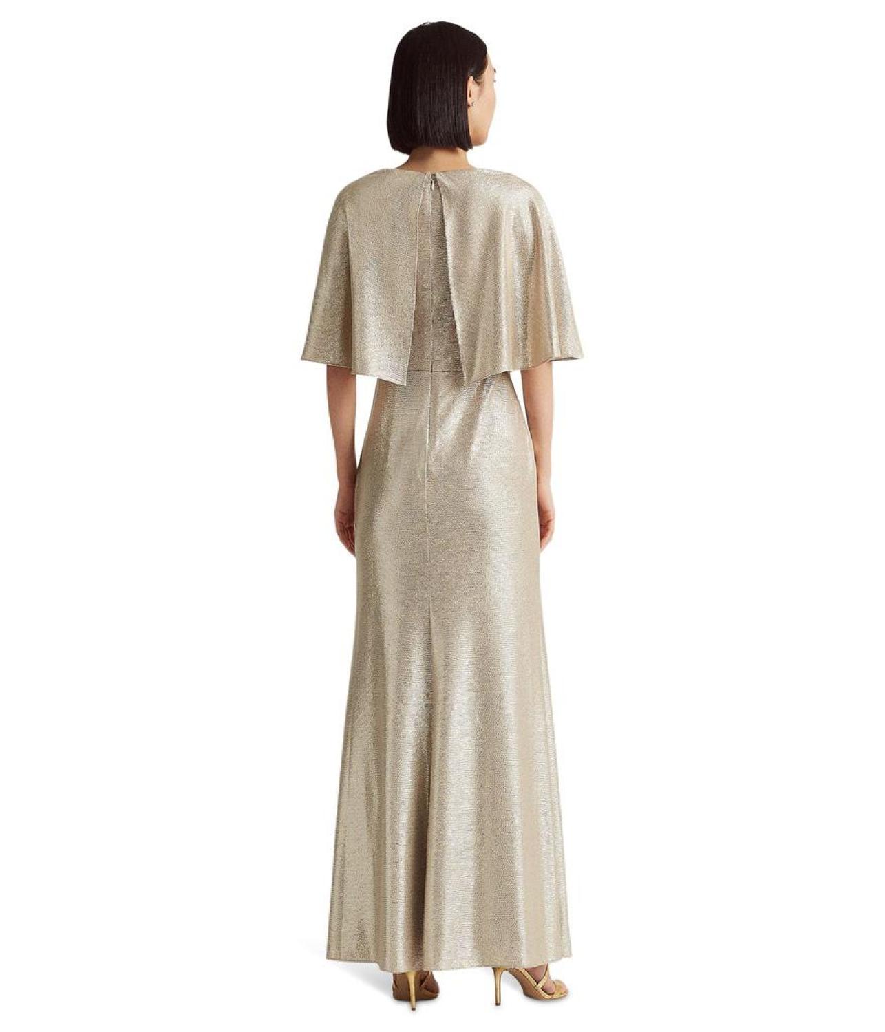 Foil-Print Jersey Cape Gown