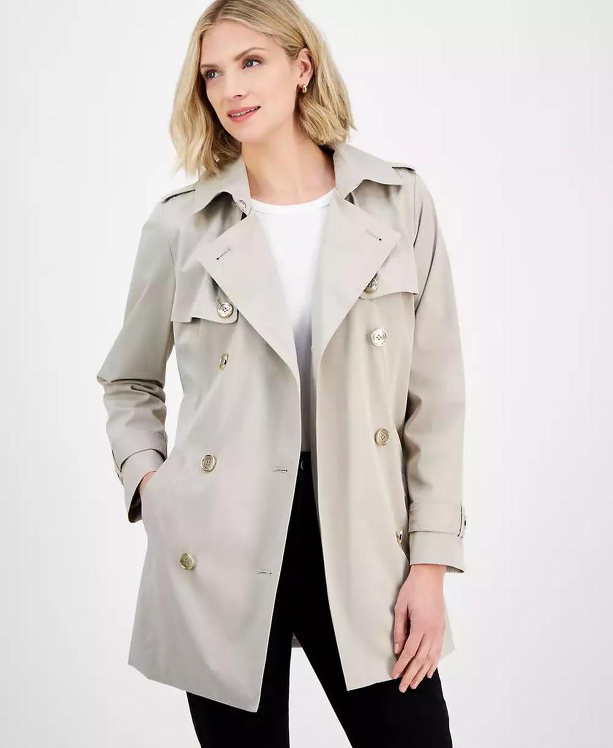 Petite Short Double-Breasted Belted Trench Coat