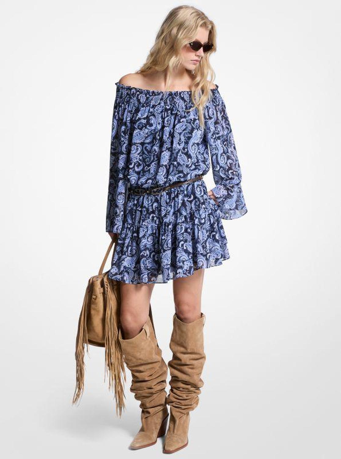 Paisley Georgette Off-The-Shoulder Dress