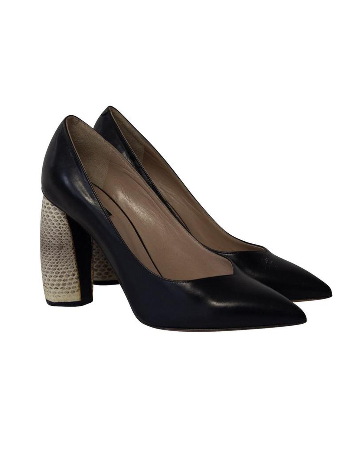 Marc Jacobs Print Block Heel Pointed Court Shoes in Black Leather