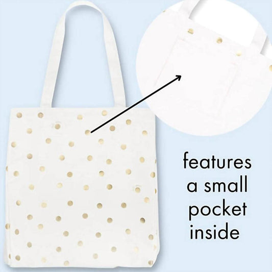Canvas Book Tote Bag In Gold Dot With Script