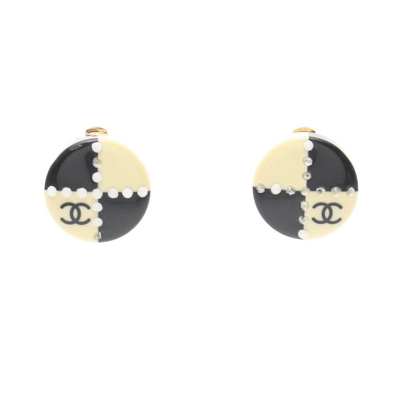 Coco Mark Earrings Gp Rhinestone Gold Ivory 02A