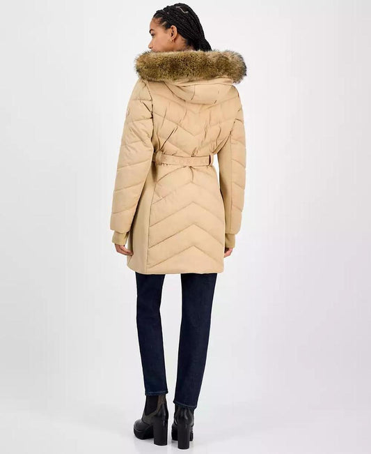Women's Faux-Fur-Trim Hooded Belted Puffer Coat