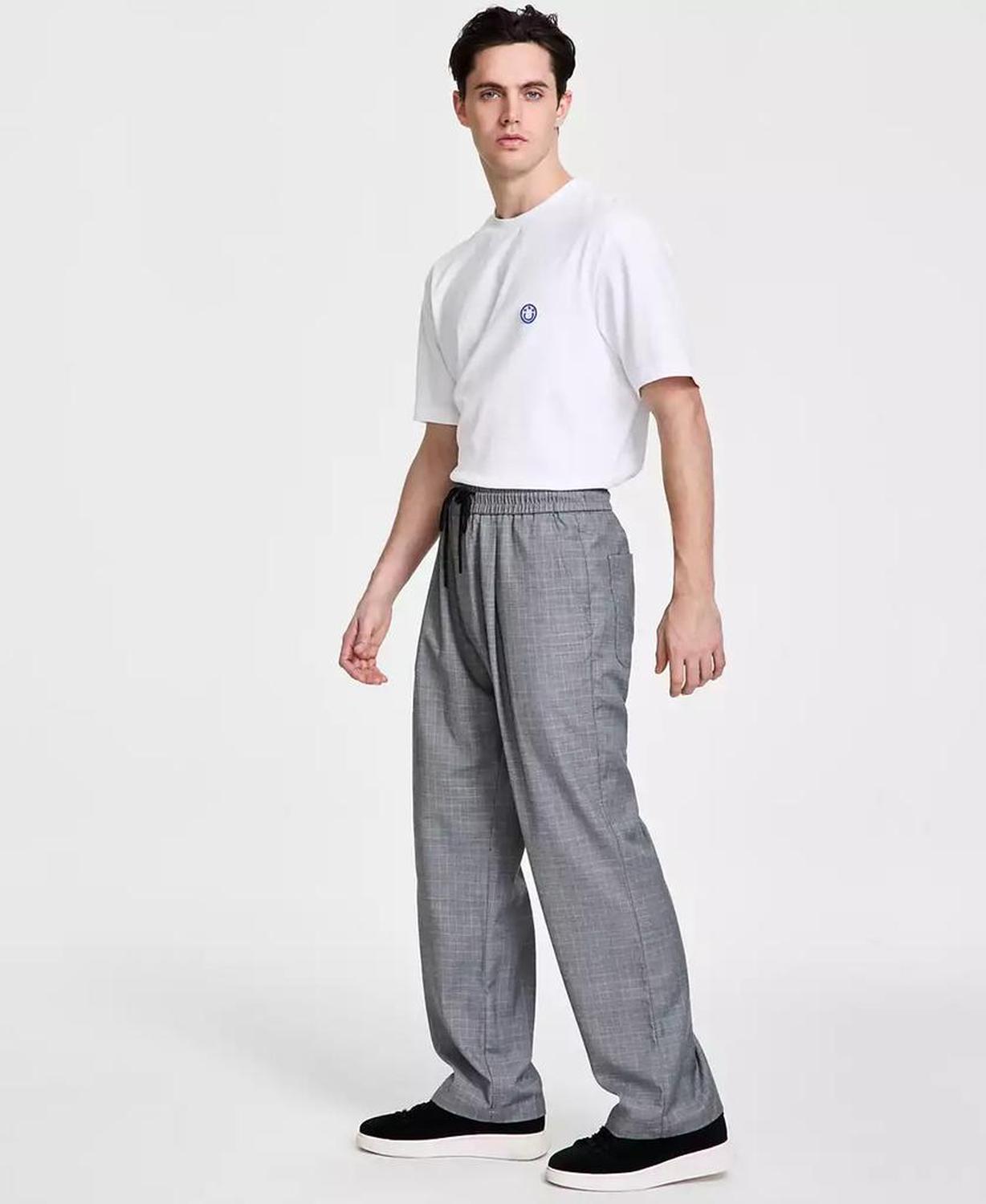 Men's Plaid Straight-Fit Pull-On Trousers