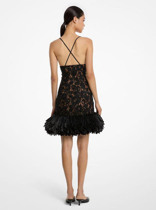 Hand-Embroidered Floral Lace and Fringe Cocktail Shaker Dress