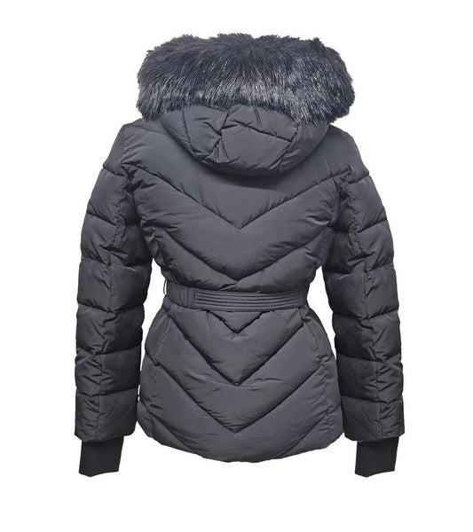Women's Belted Down Chevron Scutab Stretch Quilted Faux Fur Coat Jacket In Black