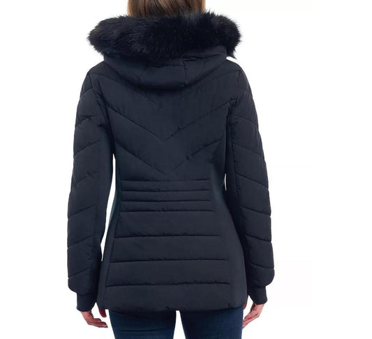 Women's Chevron Faux Fur Hooded Coat In Black