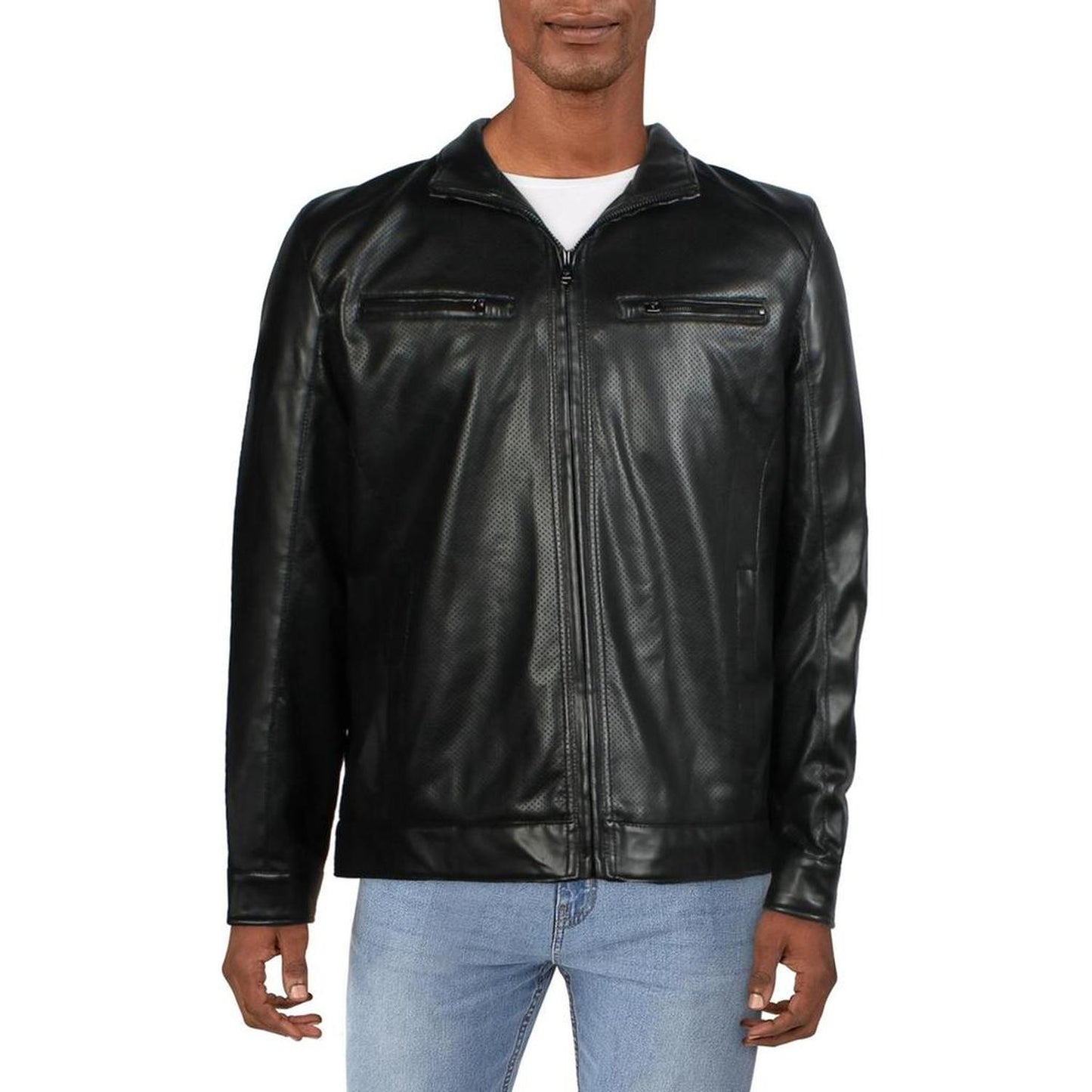 Mens Perforated Faux Leather Motorcycle Jacket