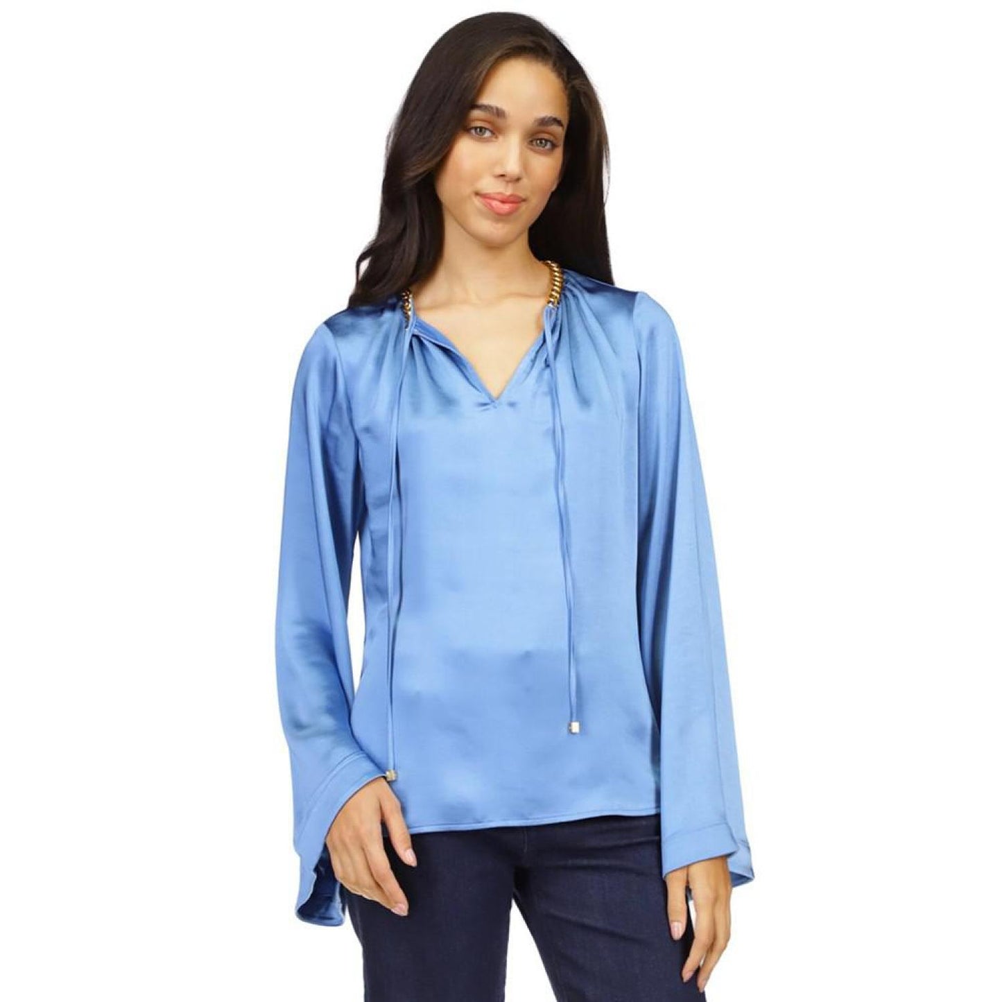 Women's Satin Bell-Sleeve Chain-Neck Top