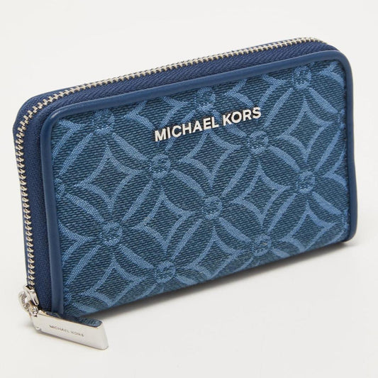Michael Kors Blue Monogram Jacquard Canvas And Leather Zip Around Card Case