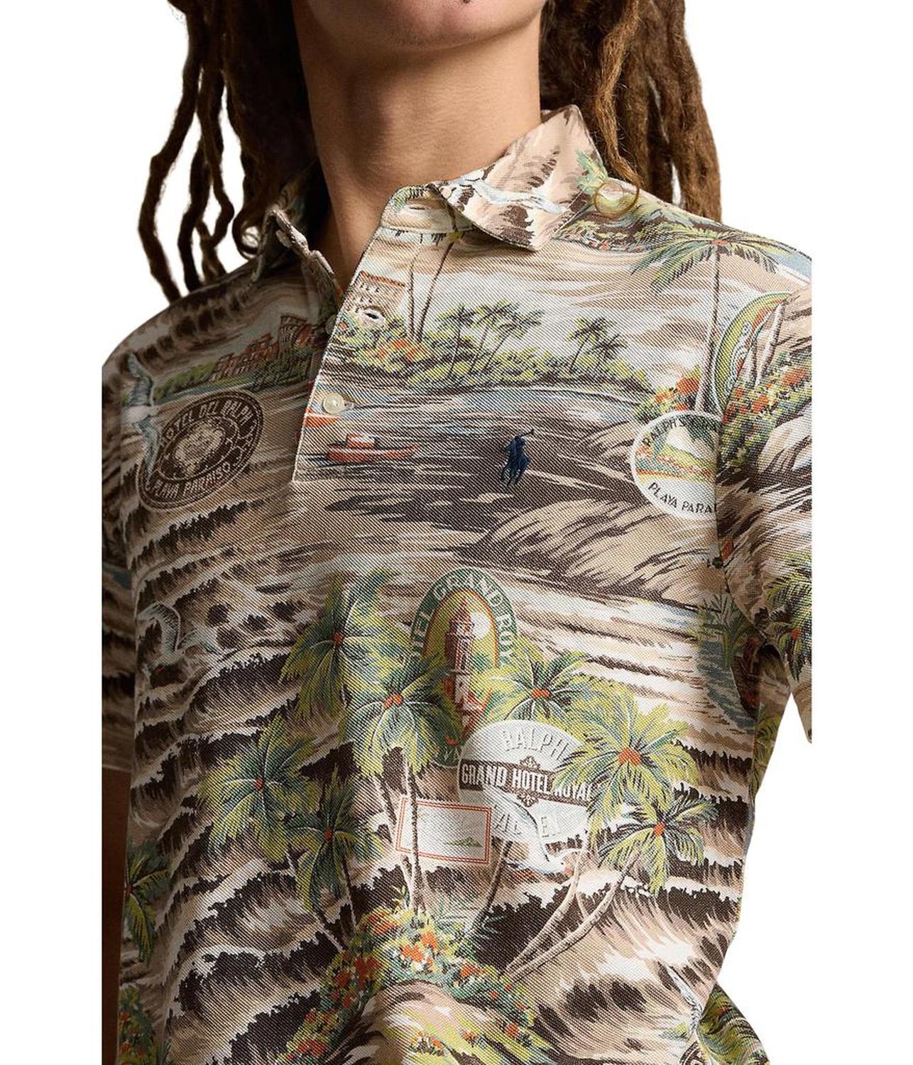 Classic Fit Beach-Print Mesh Polo Shirt