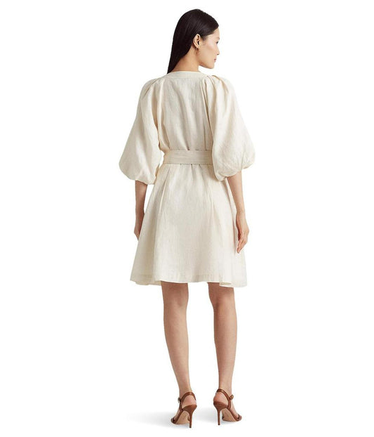 Belted Linen Bubble-Sleeve Dress