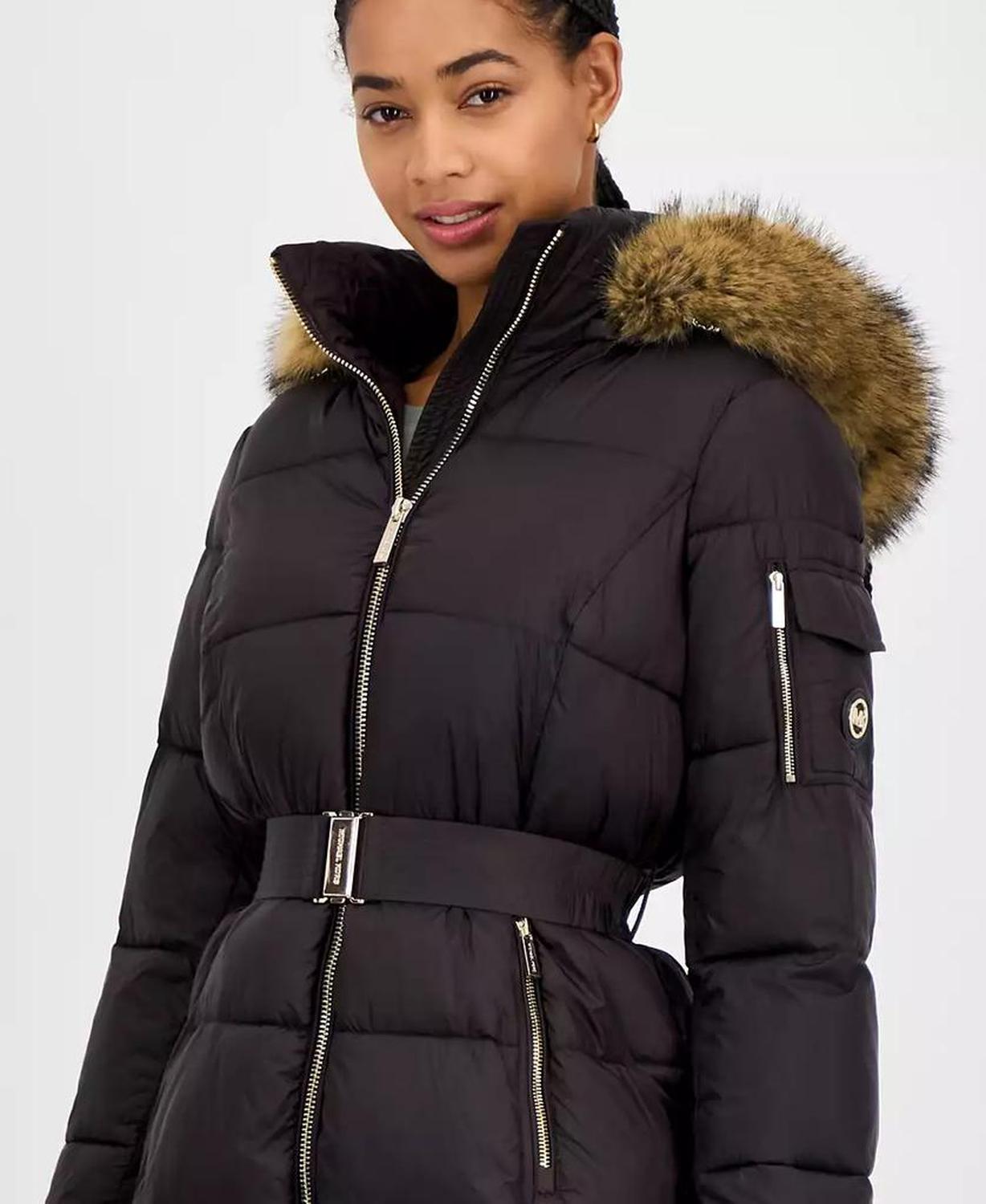 Women's Belted Hooded Faux-Fur-Trim Puffer Coat, Exclusively at Macy's