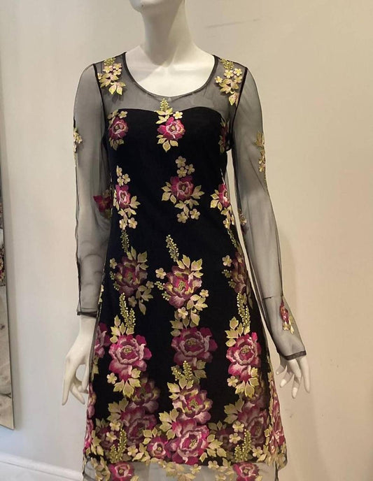 Embroidered Flower Dress In Black