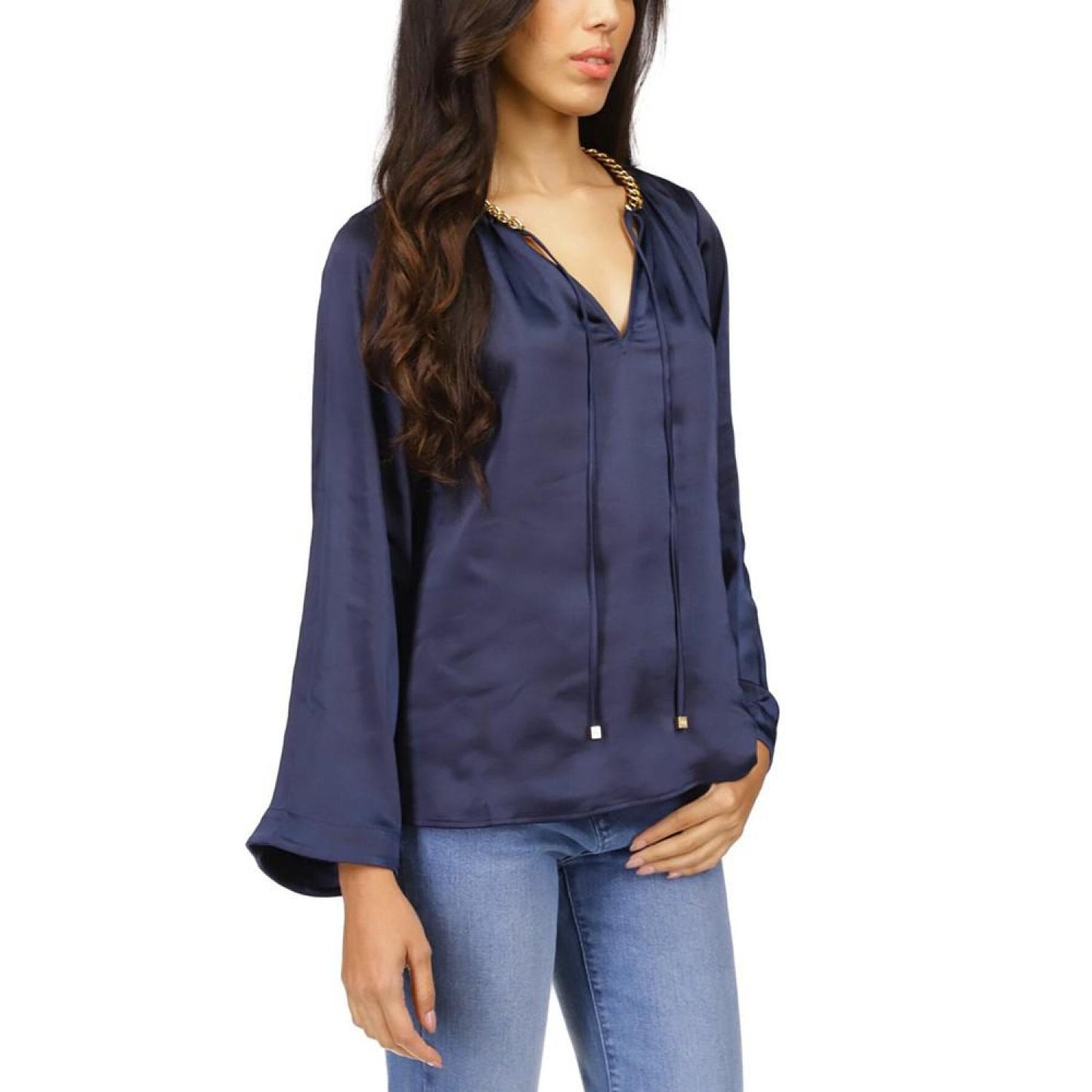 Women's Satin Bell-Sleeve Chain-Neck Top