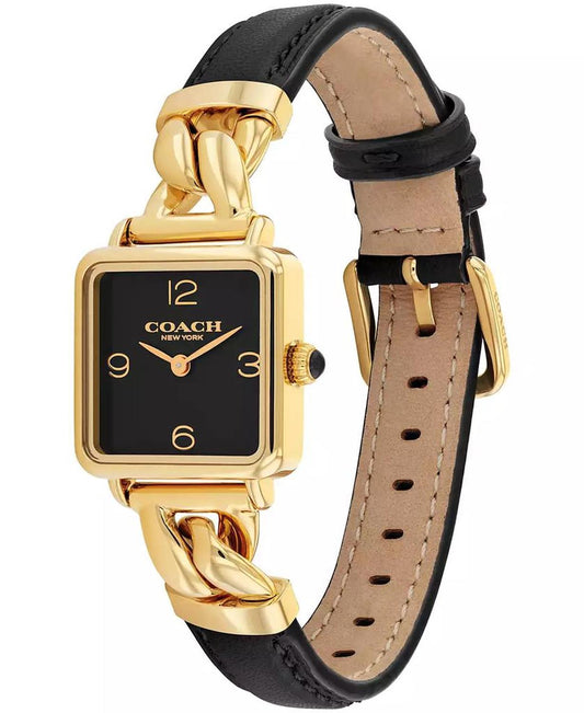 Women's Cass Gold-Tone Stainless Steel and Black Leather Strap Watch, 22mm