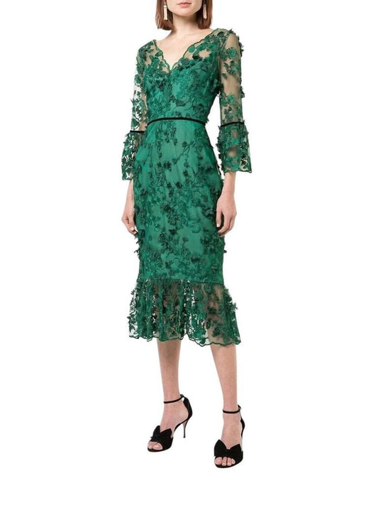 Embroidered Tea Length Fit Flare Flower Dress In Green