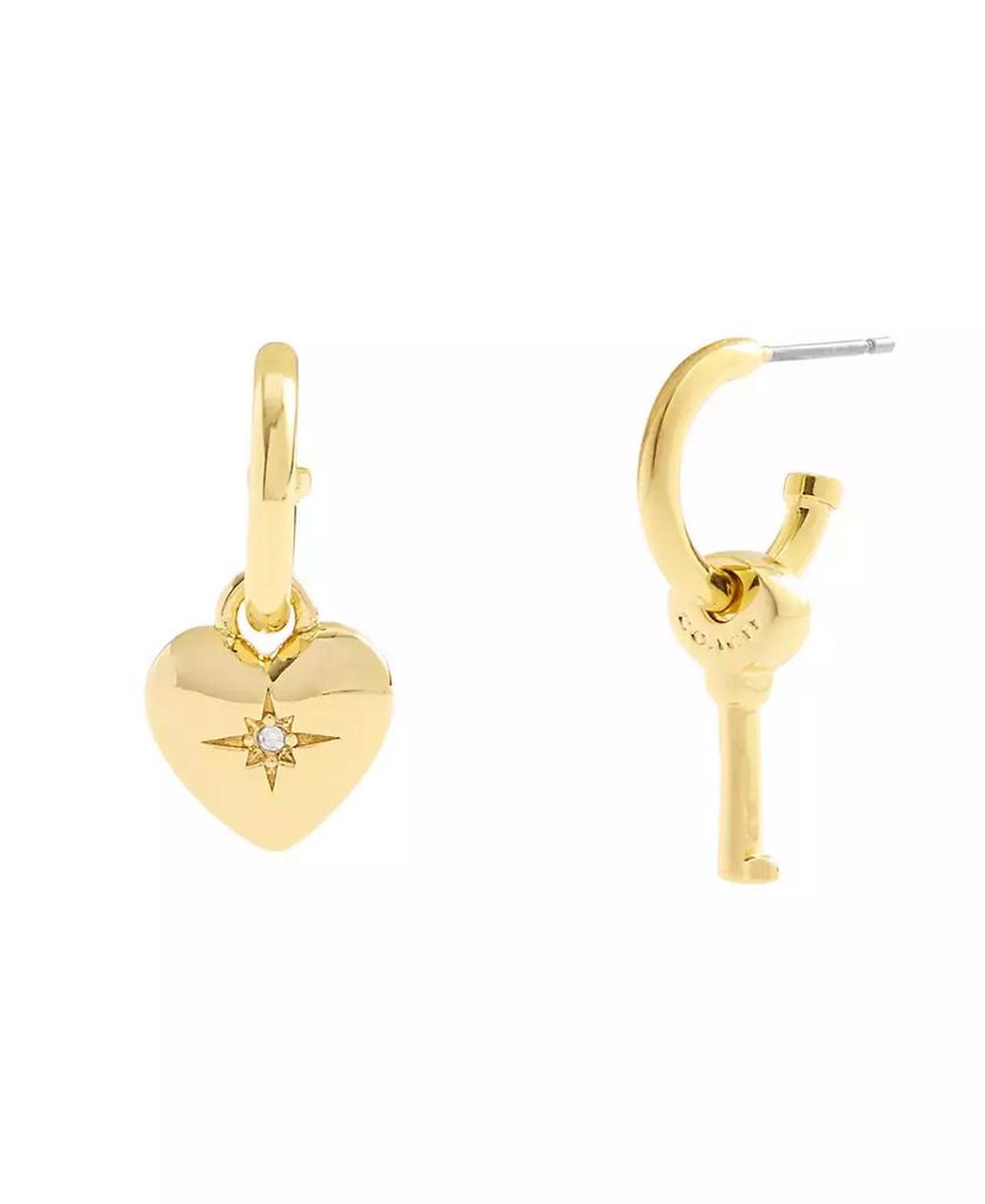 Gold Tone Heart and Key Mismatch Charm Huggie Earrings
