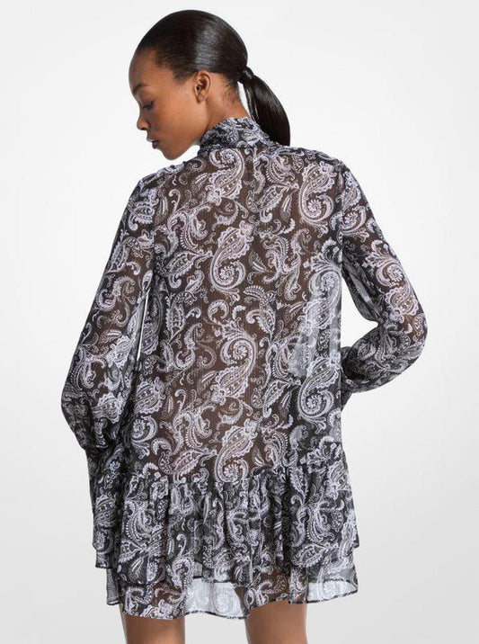 Metallic Paisley Georgette Tie-Neck Dress