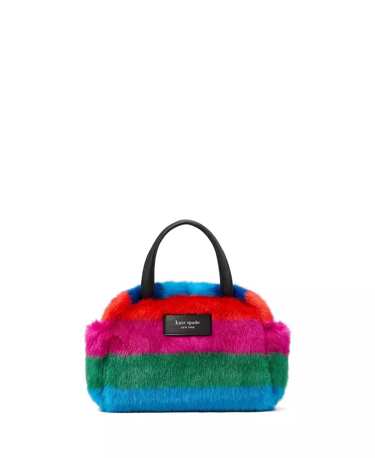 Puffed Striped Faux Fur Satchel Bag