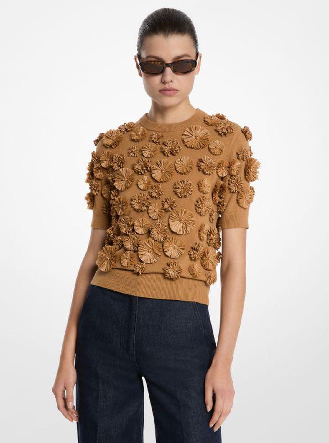 Hand-Embroidered Floral Cashmere Shell Top