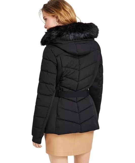 Michael Michael Kors Women's Faux Fur Belted Scuba Coat, Black