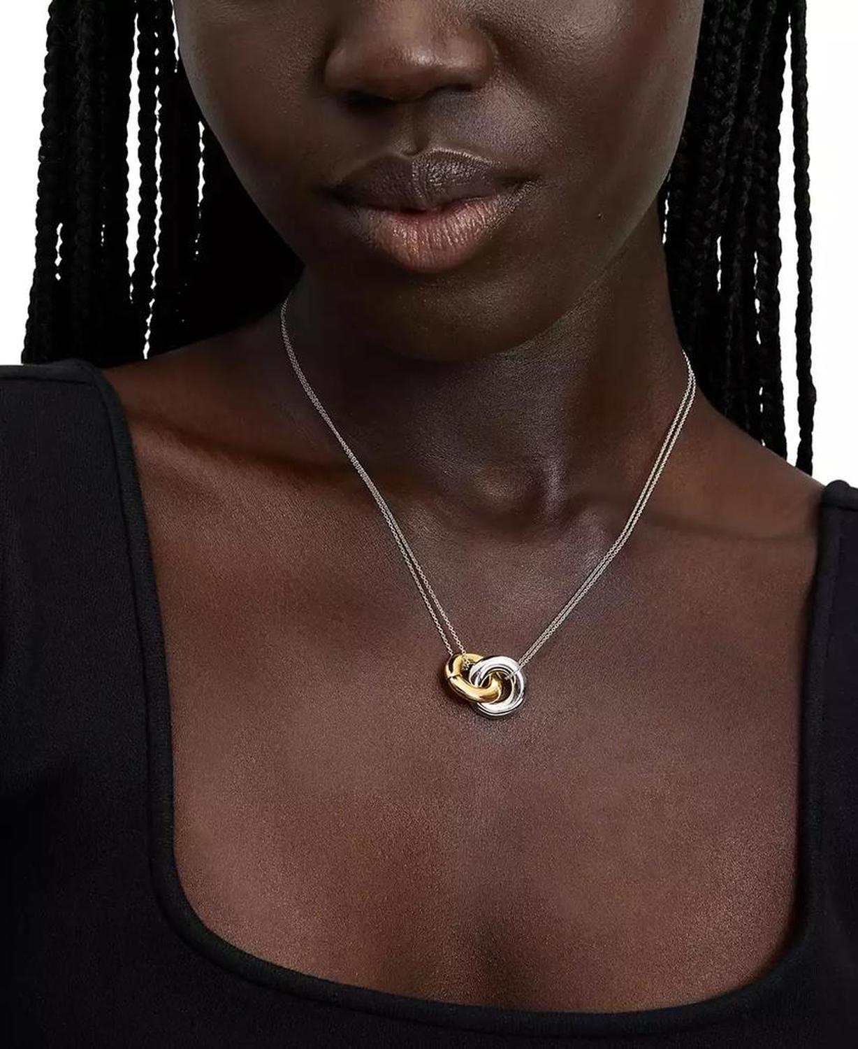 Two-Tone Interlock Ring Pendant Necklace, 16" + 3" extender