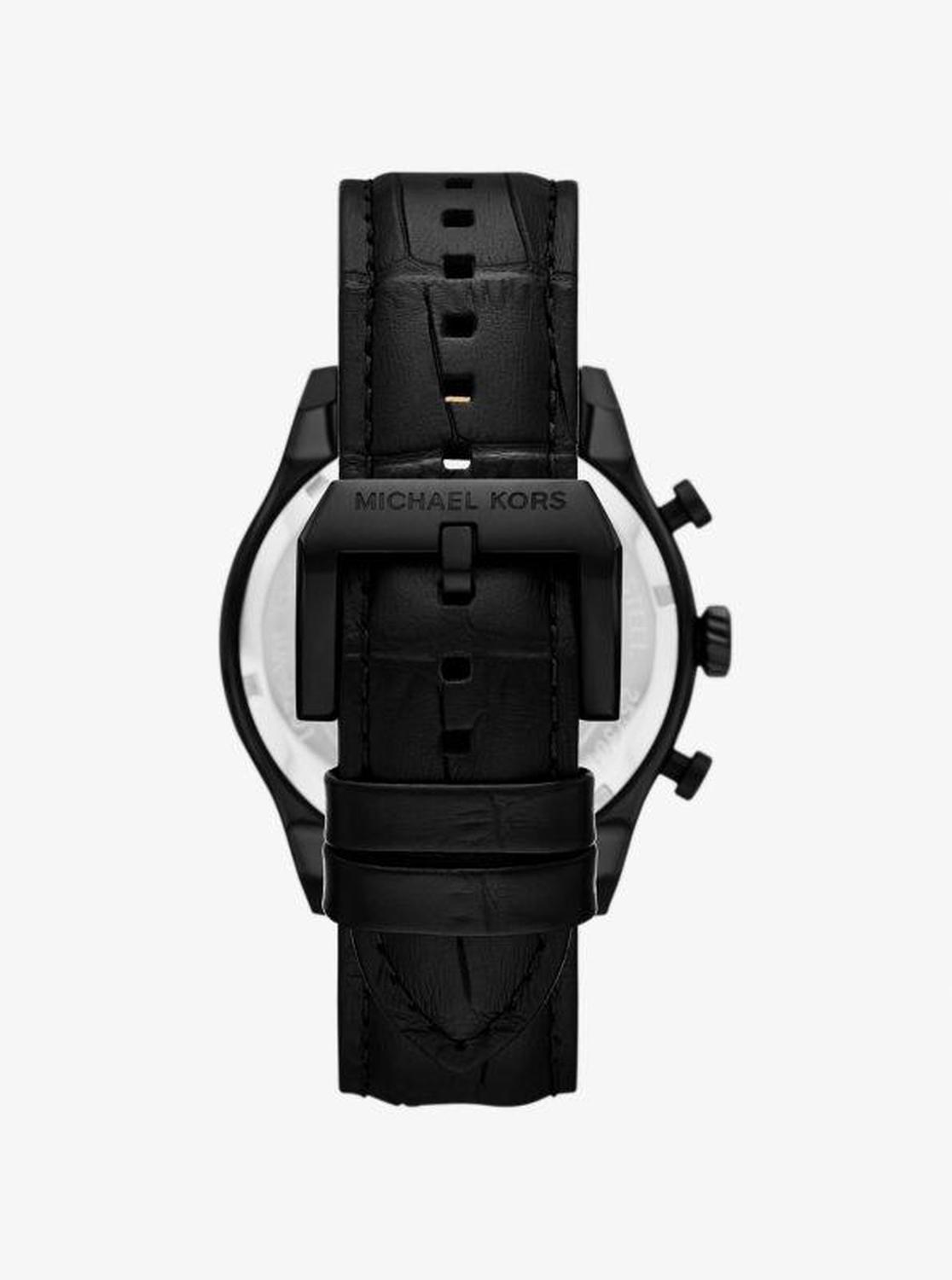Oversized Panorama Black-Tone and Crocodile Embossed Leather Watch