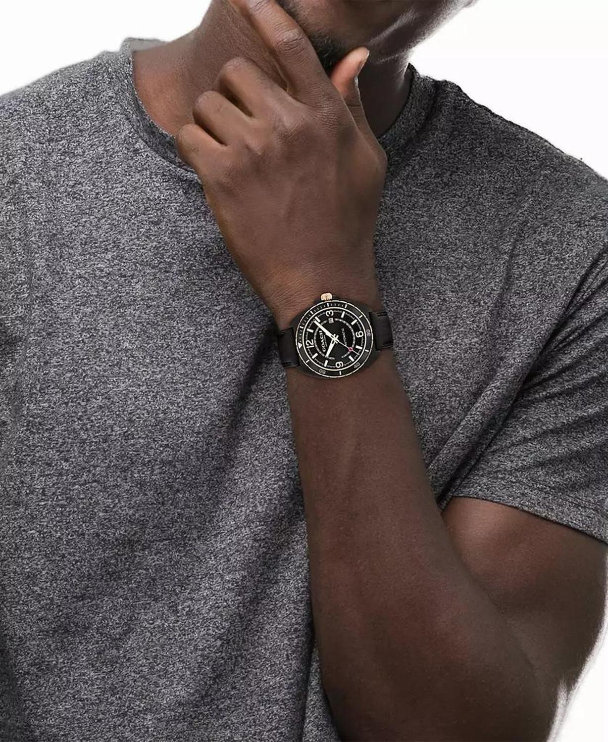 Men's Charter Automatic Black Leather Strap Watch, 44.5mm