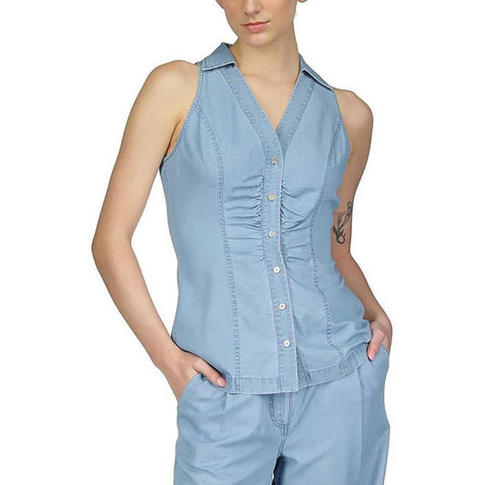 Petites Womens Tencel Button Down Halter Top