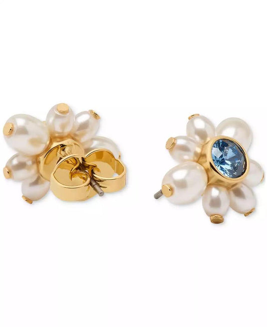 Gold-Tone Color Cubic Zirconia & Imitation Pearl Flower Stud Earrings