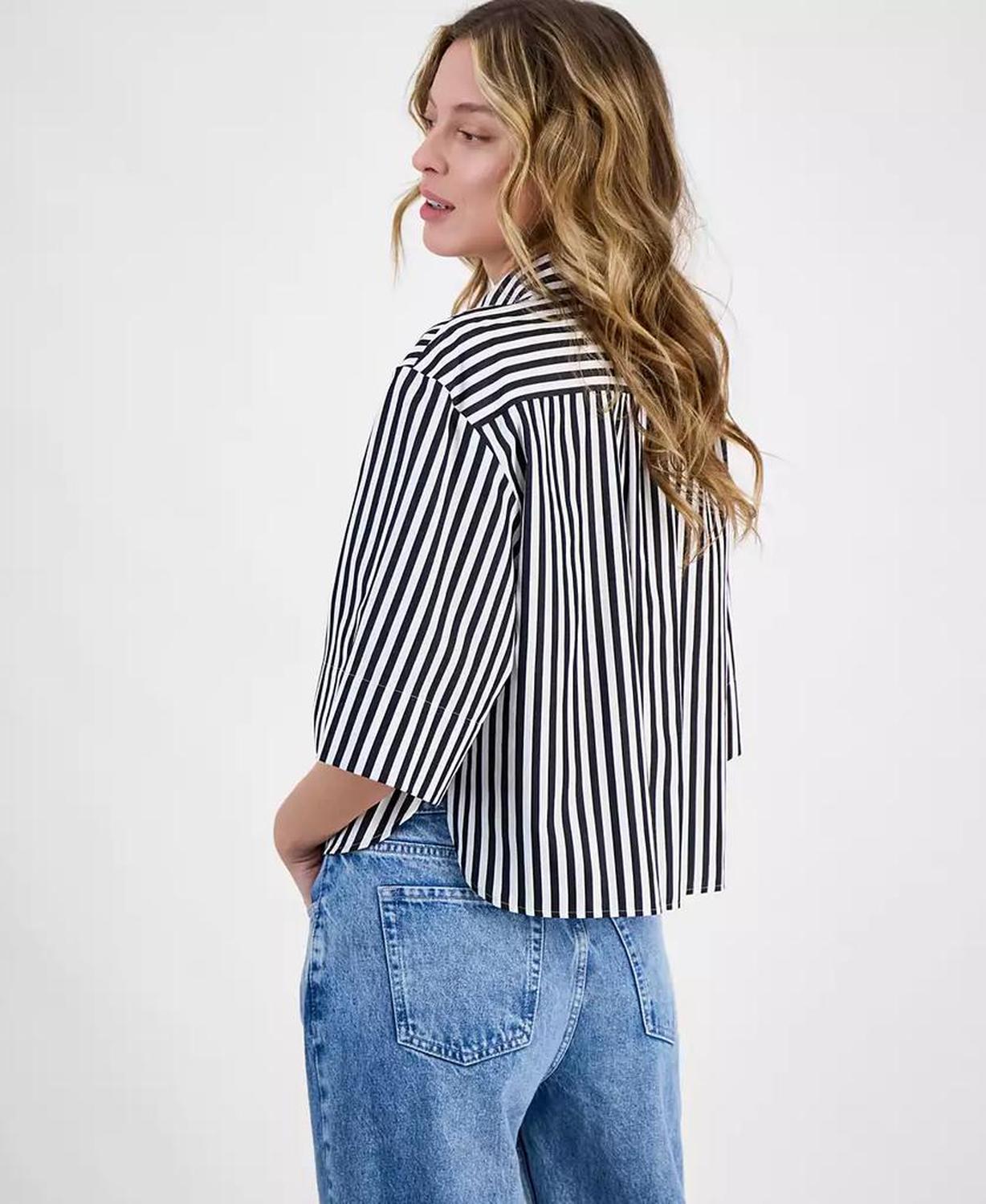 Women's Striped Cotton Elbow-Sleeve Button-Front Shirt