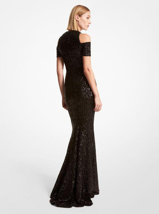 Sequined Stretch Cold-Shoulder Gown