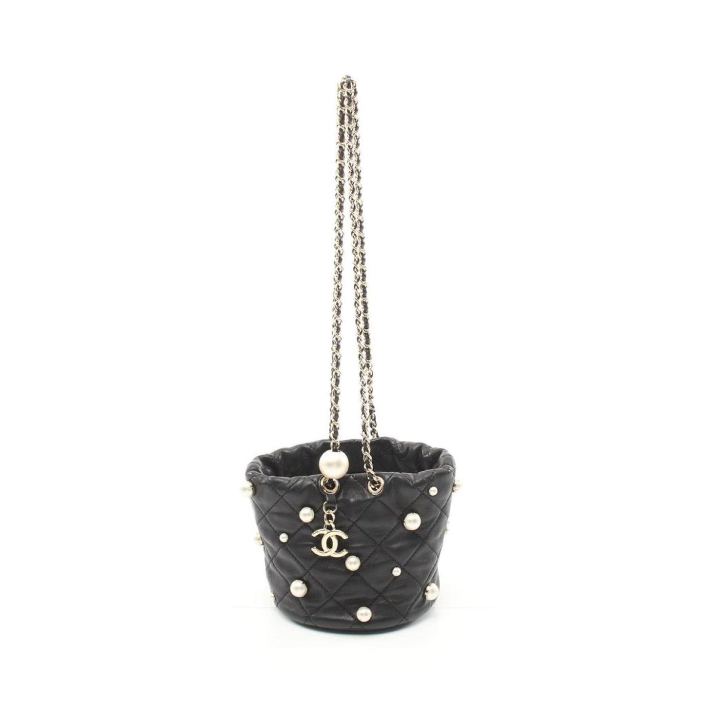 Coco Mark Chain Shoulder Bag Lambskin Fake Pearl Off White Gold Hardware Purse