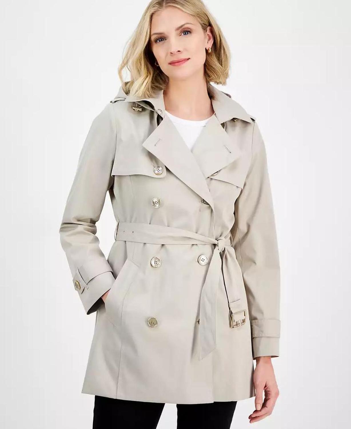 Petite Short Double-Breasted Belted Trench Coat