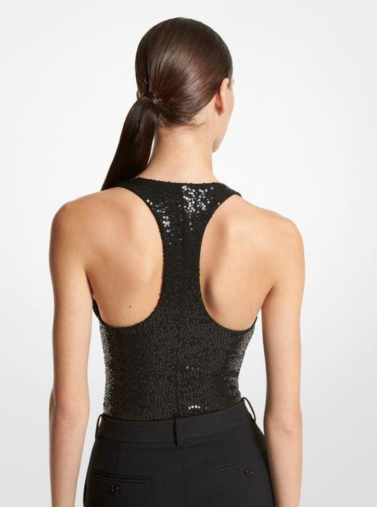 Hand-Embroidered Sequin Stretch Jersey Bodysuit