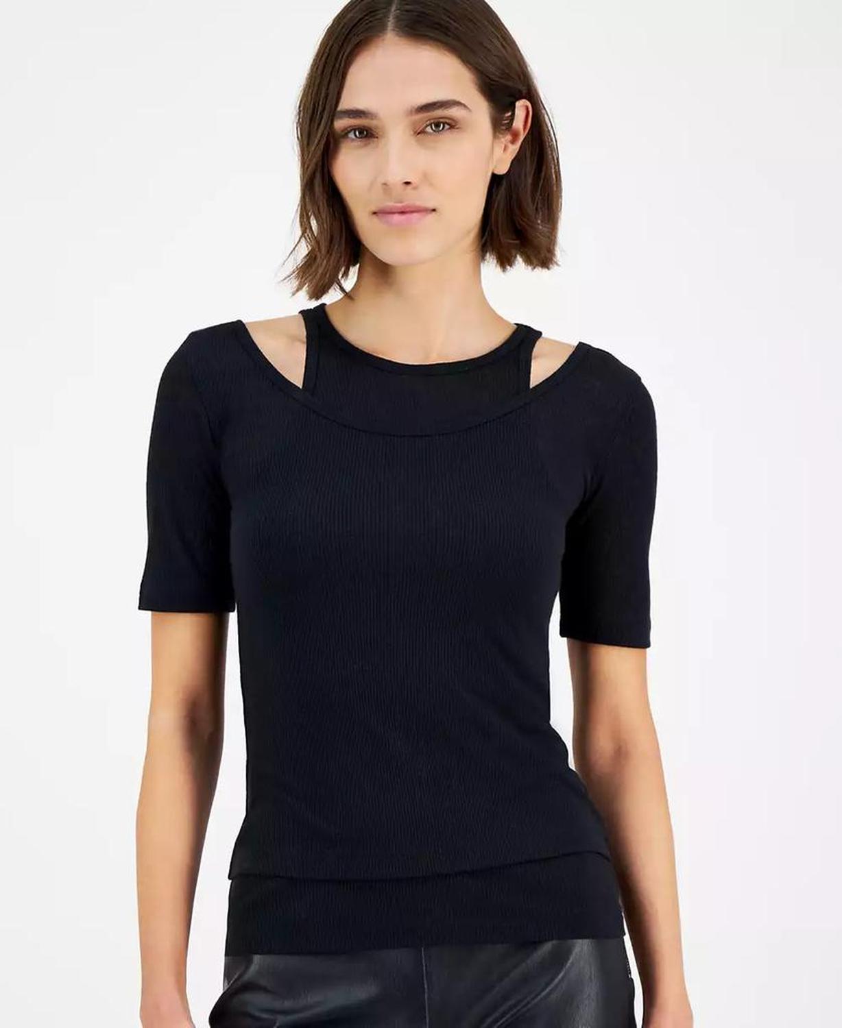 Women's Slim Ribbed Layered-Look Short-Sleeve Top