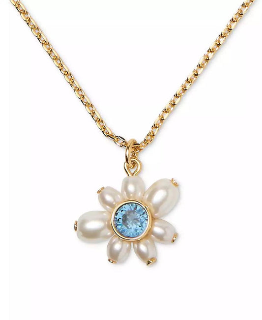 Gold-Tone Cubic Zirconia & Imitation Pearl Flower Pendant Necklace, 16" + 3" extender