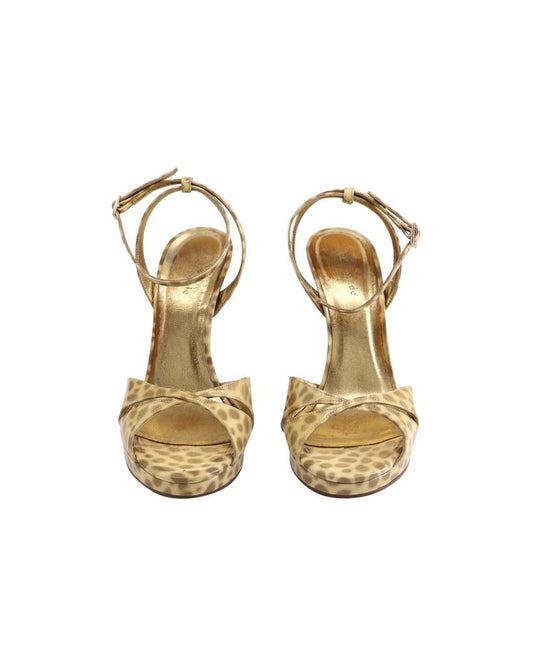 Ocelot Wedge Sandals in Gold Patent Leather