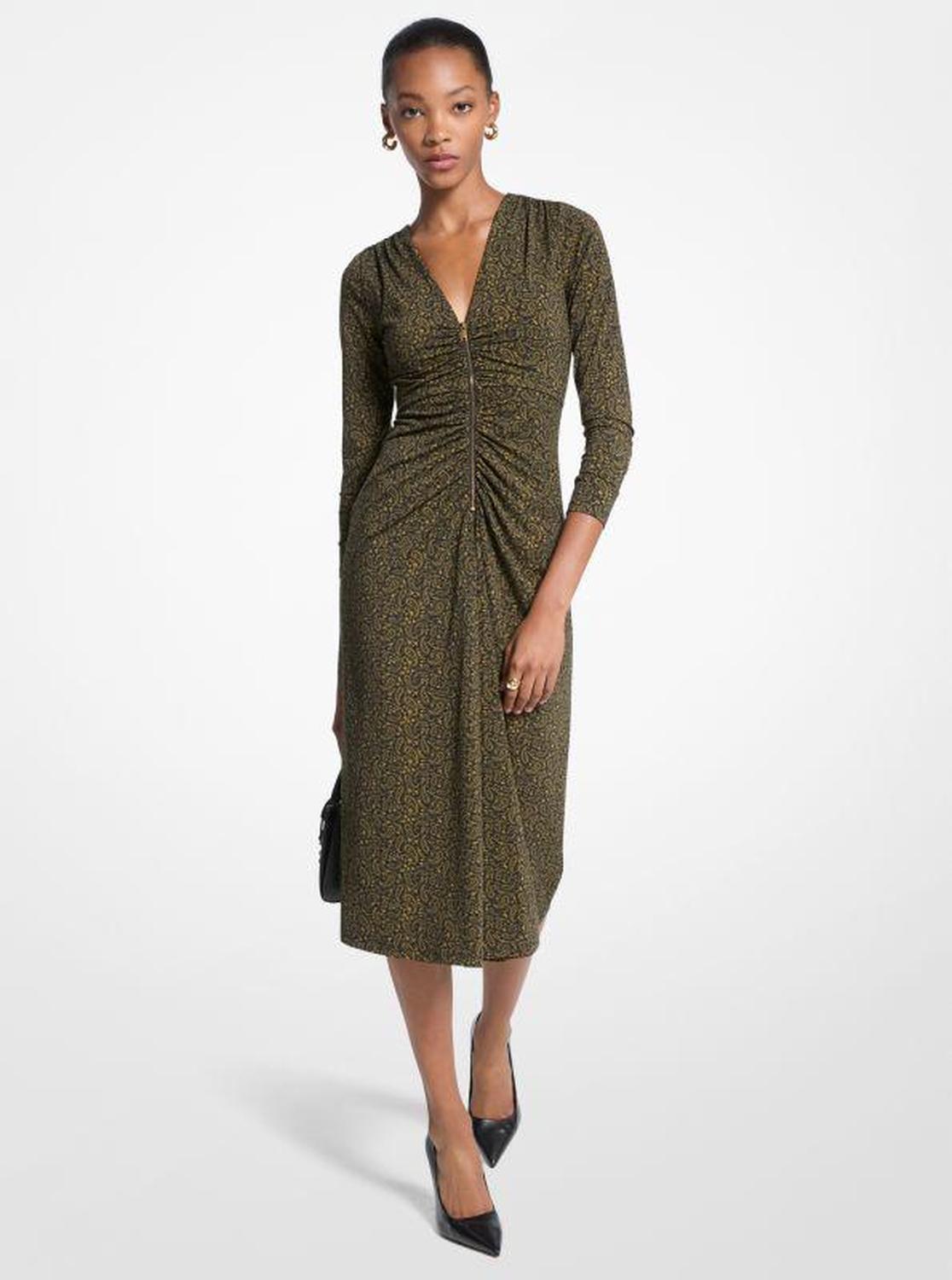 Paisley Print Stretch Matte Jersey Midi Dress