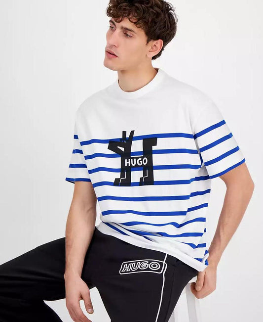 Men's Relaxed Fit Short Sleeve Striped Crewneck Logo T-Shirt